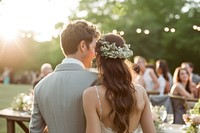 Bride and groom at outdoor wedding party outdoors flower adult.