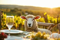Cute sheep livestock grazing on a rural farm staring at camera outdoors vineyard sitting.