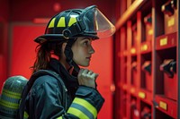 Female firefighter putting on her protective equipment inside locker room helmet protection headwear.