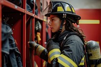 Firefighter putting on her protective equipment inside locker room helmet adult extinguishing.