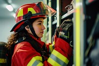 Firefighter putting on her protective equipment inside locker room helmet protection technology.