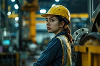 Woman industrial helmet machinery security.