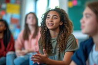 Girl seated with other teens student school adult.