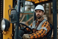 Man worker driving helmet outdoors.