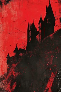 Silkscreen of a castle art painting red.