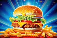 Cheese burger ketchup food advertisement.