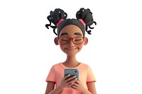Happy young african asian girl using phone cartoon white background technology.