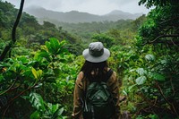 Woman in hiking clothe land outdoors backpack.