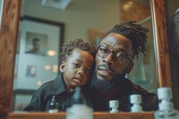 African American father and son shaving photography portrait glasses.