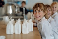 Child student milk togetherness.