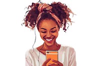 Happy young african asian girl using phone portrait smile adult.