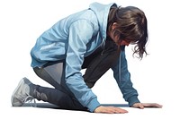 Woman apanasana pose kneeling white background concentration.