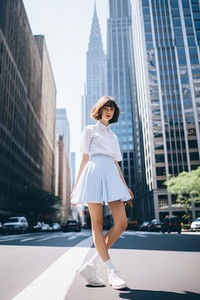 Woman wearing white box pleat skort architecture building nature.