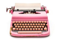 A retro pink typewriter with an empty page white background correspondence electronics.