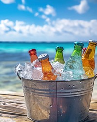 Assorted soda bottles in a metal bucket full of ice put on wood table against beach view vacation summer drink.