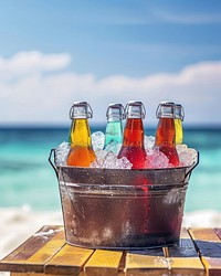 Assorted soda bottles in a metal bucket full of ice put on wood table against beach view vacation outdoors summer.