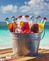 Assorted soda bottles in a metal bucket full of ice put on wood table against beach view summer drink beer.