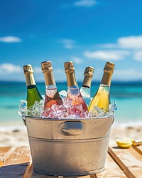 Assorted sparking wine bottles in a metal bucket full of ice put on wood table against beach view vacation outdoors summer.