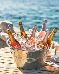Assorted sparking wine bottles in a metal bucket full of ice put on wood table against beach view outdoors summer drink.