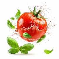 Flying tomato with a bit splashes and basil leaves vegetable plant food.