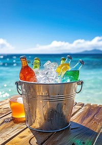 Soda bottles in the big ice bucket put on wood table against beach view vacation summer drink.