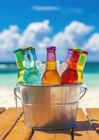 Soda bottles in the big ice bucket put on wood table against beach view outdoors vacation summer.
