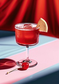 A fantasy cocktail with cherry drink fruit glass.