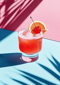 A fantasy cocktail with cherry fruit drink juice.