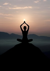 A woman silhouette doing yoga on the mountain in front of the moon sports sky spirituality.