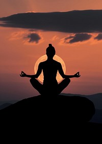 A woman silhouette sitting put the hand together or doing yoga on the mountain in front of the moon backlighting sports adult.