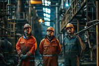 Three workers are standing in an industrial plant hardhat helmet adult.