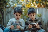 Two boys playing on mobile device child day togetherness.