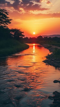 Sunset river landscape sunlight outdoors horizon.