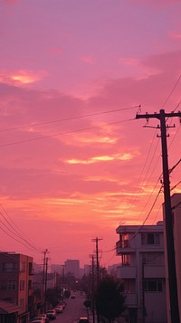 Sunset sky city silhouette outdoors.