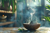 Aromatherapy incense and bowl smoke zen-like outdoors.