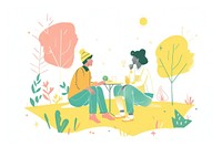 Two friends picnic at the park drawing sketch green.