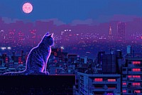 Cat sitting night city architecture.