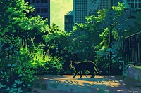 Cat walking green city outdoors.