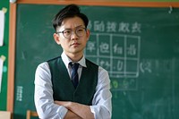 Angry asian teacher classroom education board.