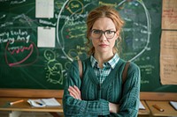 Angry female teacher blackboard education classroom.
