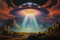 1970s Airbrush Art of ufo landscape astronomy outdoors.