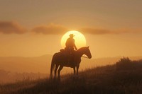 Cowboy climbing on horseback mammal animal sun.