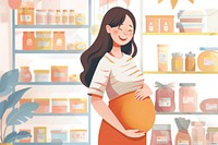Illustration of happy pregnant woman buying adult shelf.