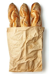 A fresh baguettes in a paper bag bread food white background.