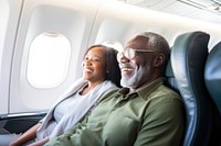 Elderly african american couple airplane vehicle glasses.