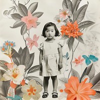 Paper collage of Asian little girl flower portrait child.