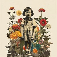 Paper collage of Asian little girl flower sunflower portrait.