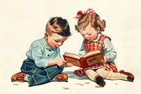 Vintage illustration of boy and girl book publication reading.