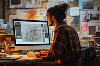 Young adult man making architecture drawings on a desktop art concentration craftsperson.