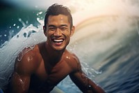 Asian surfer surfing laughing smiling smile.